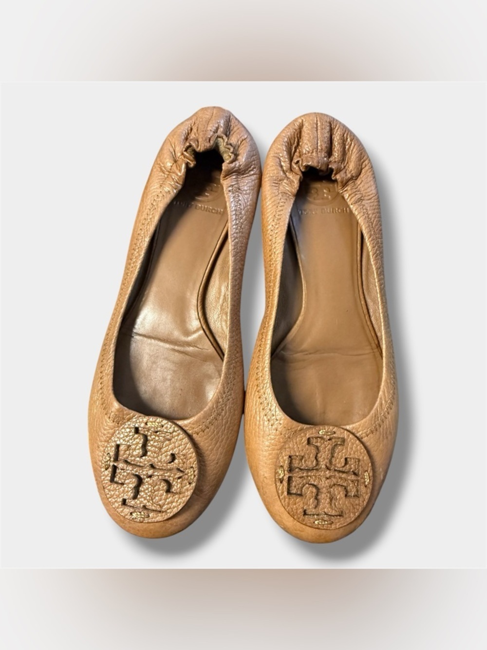 Tory Burch Royal Tan Reva Leather Ballet Flats Gold Logo Women’s Sz 9.5
